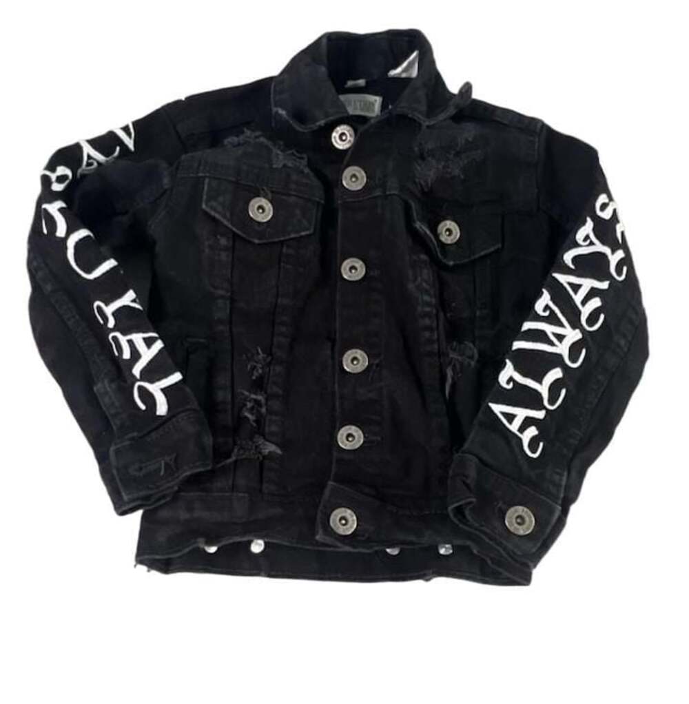 Evolution In Design Black Distressed Denim Jacket With Always Loyal Size 3T